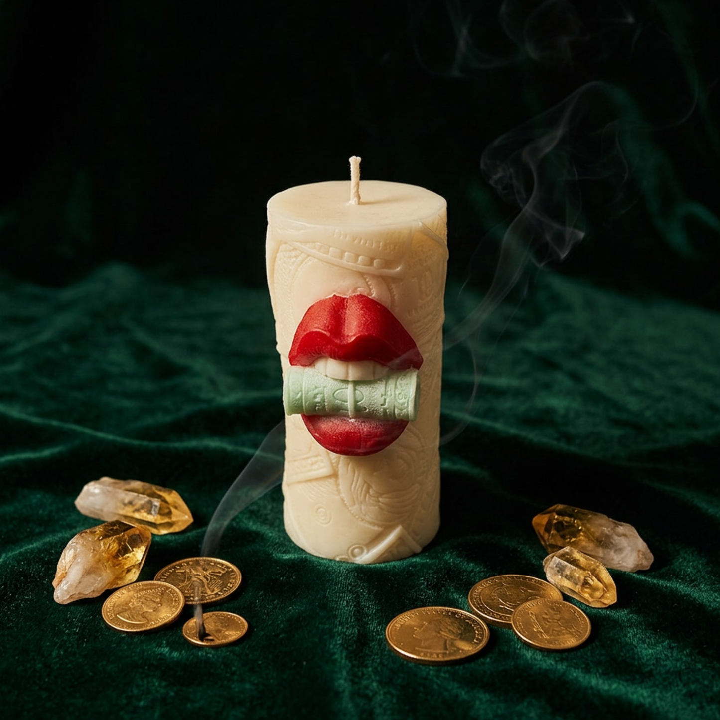 Money Talks Red Lips Candle | Lips Biting Cash Soy Candle - Rituel Riche
