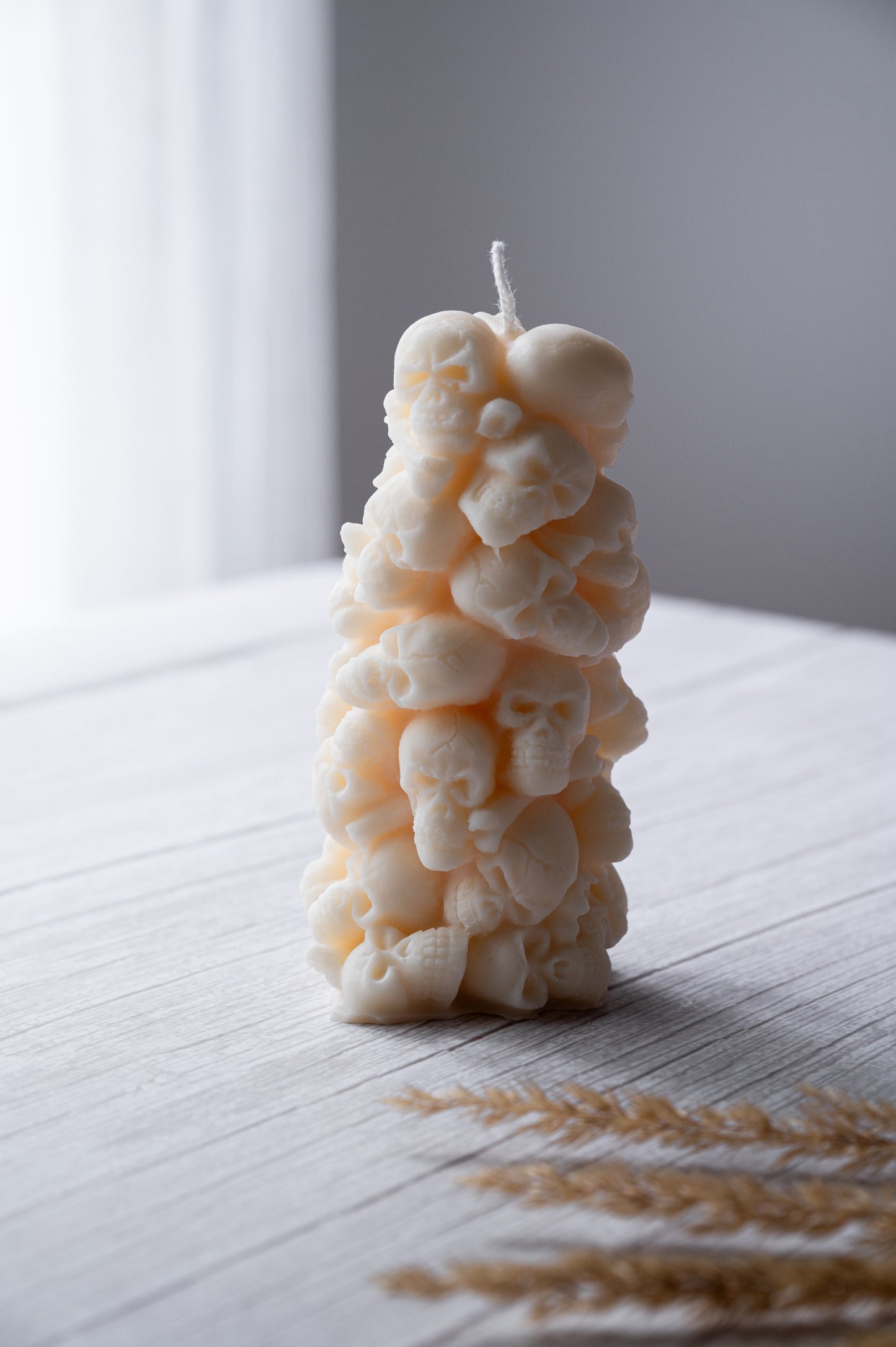 Spooky skeleton tower candle – handmade vegan soy wax décor from Canada