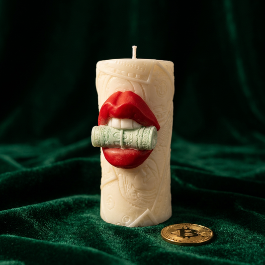 Money Talks Red Lips Candle | Lips Biting Cash Soy Candle - Rituel Riche