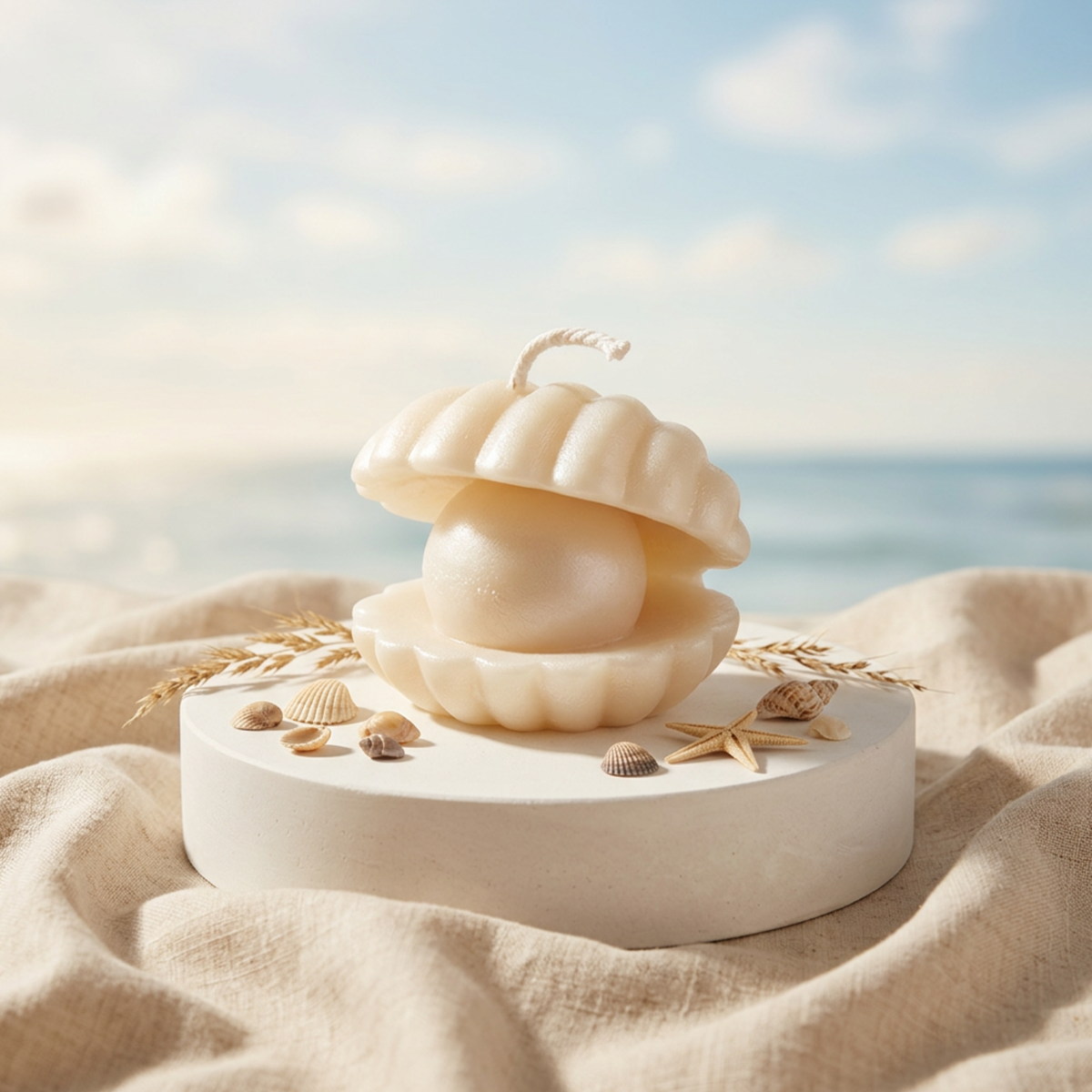 A shell-shaped candle displayed open on a round pedestal, surrounded by small seashells and dried grass against a soft beach background with ocean and sky visible.