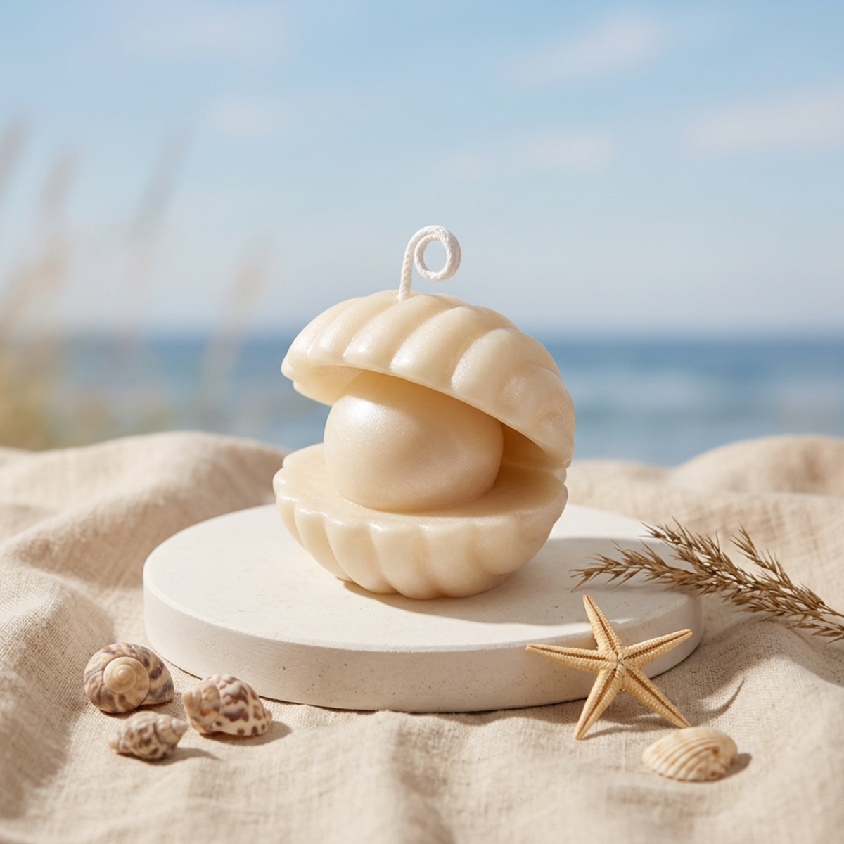 A shell-shaped cream-colored candle displayed open on a round white pedestal, with a seashell loop on top, set on a beige fabric surface with beach-themed props including a starfish, seashells, and dried grass against a blurred ocean background.