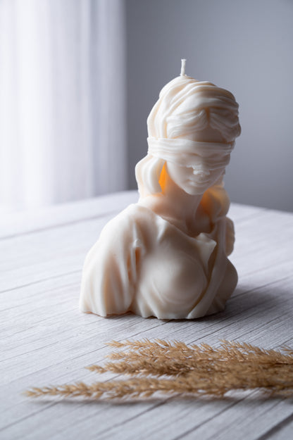 Blind Lady Justice Statue Candle made from 100% vegan soy wax, handcrafted in Canada