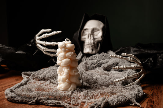 Skull Tower Candle – handmade soy wax spooky Halloween skeleton décor