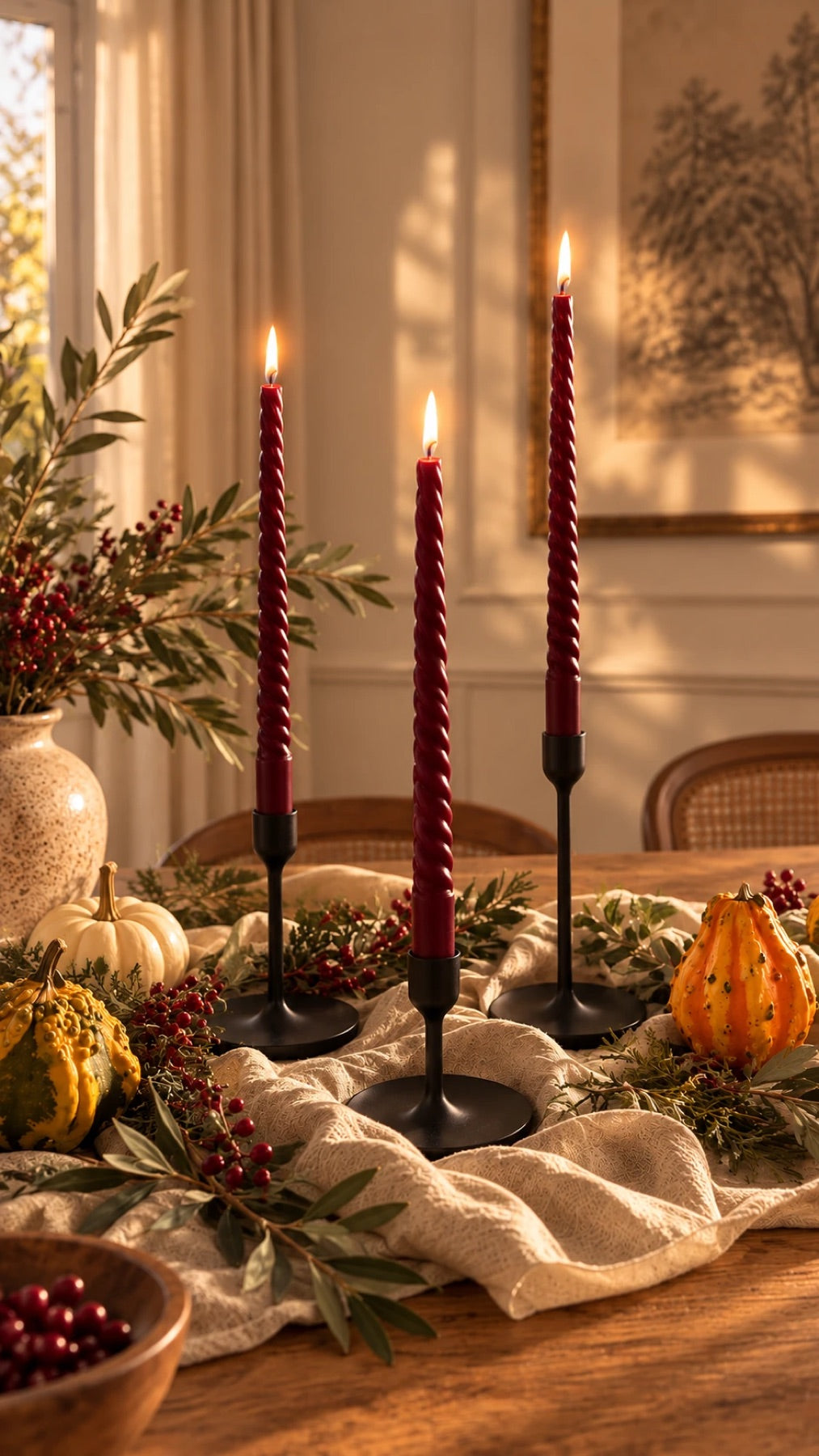 Three lit burgundy Spiral Taper candles on a holiday table